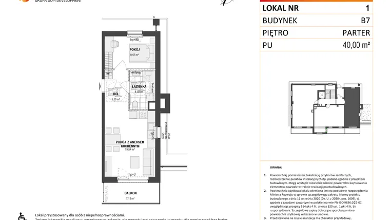 Rzut - Mieszkanie na sprzedaż 2 pokoje o powierzchni 40 m² - numer B7 1 w Wzgórze Markowca