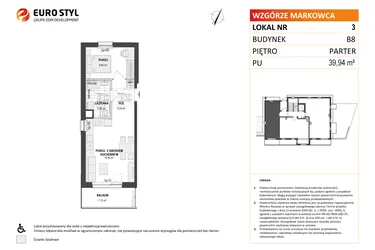 Rzut - Mieszkanie na sprzedaż 2 pokoje o powierzchni 39,94 m² - numer B8 3 w Wzgórze Markowca