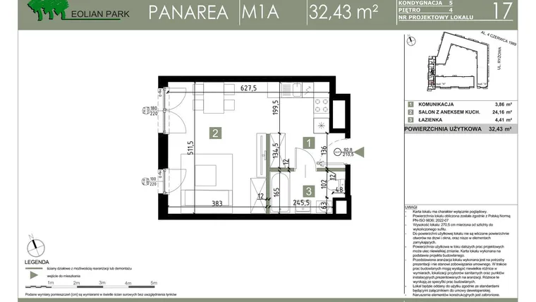 Rzut - Mieszkanie na sprzedaż 1 pokój o powierzchni 32,43 m² - numer B_17 w Panarea