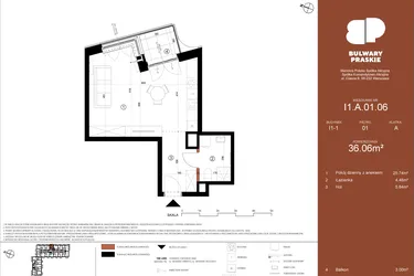 Rzut - Mieszkanie na sprzedaż 1 pokój o powierzchni 36,06 m² - numer I1.A.01.06 w Bulwary Praskie etap I i J