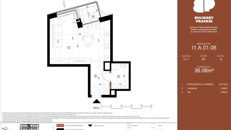 Rzut - Mieszkanie na sprzedaż 1 pokój o powierzchni 36,06 m² - numer I1.A.01.06 w Bulwary Praskie etap I i J