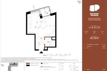 Rzut - Mieszkanie na sprzedaż 1 pokój o powierzchni 36,26 m² - numer I1.A.01.07 w Bulwary Praskie etap I i J