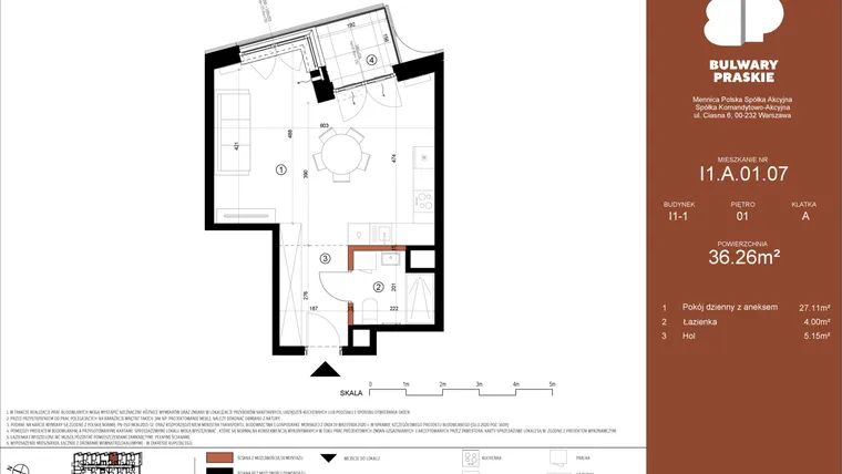 Rzut - Mieszkanie na sprzedaż 1 pokój o powierzchni 36,26 m² - numer I1.A.01.07 w Bulwary Praskie etap I i J