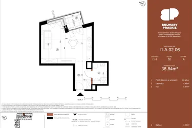 Rzut - Mieszkanie na sprzedaż 1 pokój o powierzchni 36,84 m² - numer I1.A.02.06 w Bulwary Praskie etap I i J