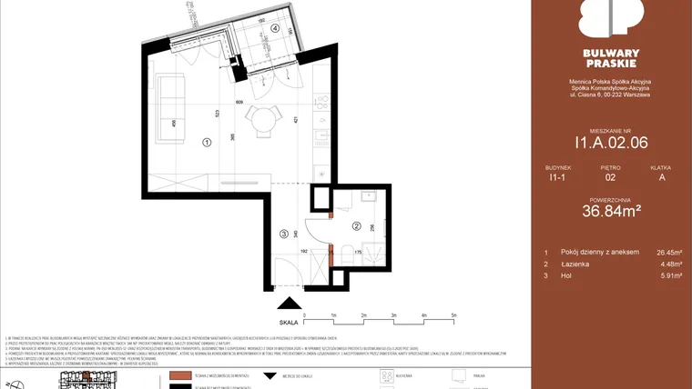 Rzut - Mieszkanie na sprzedaż 1 pokój o powierzchni 36,84 m² - numer I1.A.02.06 w Bulwary Praskie etap I i J