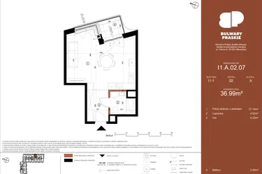 Rzut - Mieszkanie na sprzedaż 1 pokój o powierzchni 36,99 m² - numer I1.A.02.07 w Bulwary Praskie etap I i J