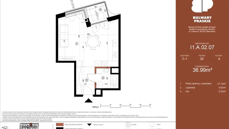 Rzut - Mieszkanie na sprzedaż 1 pokój o powierzchni 36,99 m² - numer I1.A.02.07 w Bulwary Praskie etap I i J