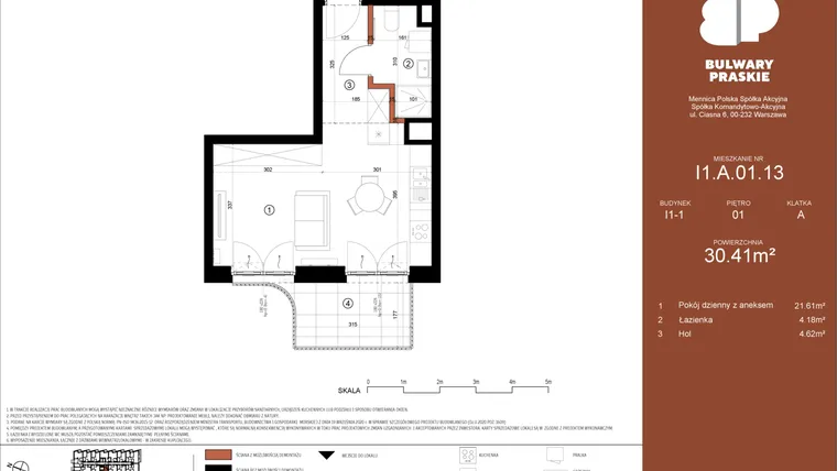 Rzut - Mieszkanie na sprzedaż 1 pokój o powierzchni 30,41 m² - numer I1.A.01.13 w Bulwary Praskie etap I i J