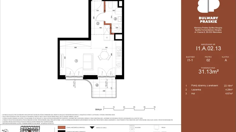 Rzut - Mieszkanie na sprzedaż 1 pokój o powierzchni 31,13 m² - numer I1.A.02.13 w Bulwary Praskie etap I i J