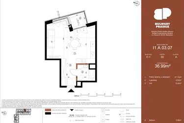 Rzut - Mieszkanie na sprzedaż 1 pokój o powierzchni 36,99 m² - numer I1.A.03.07 w Bulwary Praskie etap I i J