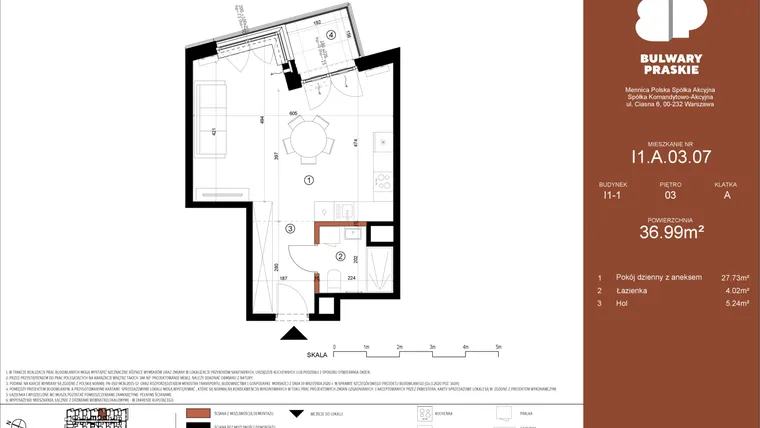 Rzut - Mieszkanie na sprzedaż 1 pokój o powierzchni 36,99 m² - numer I1.A.03.07 w Bulwary Praskie etap I i J