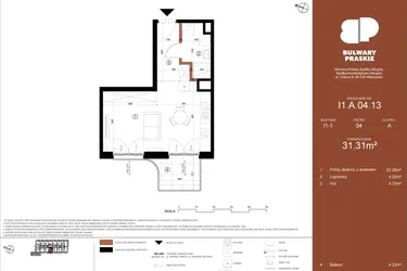 Rzut - Mieszkanie na sprzedaż 1 pokój o powierzchni 31,31 m² - numer I1.A.04.13 w Bulwary Praskie etap I i J