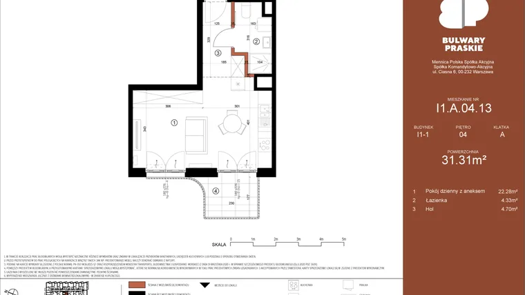 Rzut - Mieszkanie na sprzedaż 1 pokój o powierzchni 31,31 m² - numer I1.A.04.13 w Bulwary Praskie etap I i J