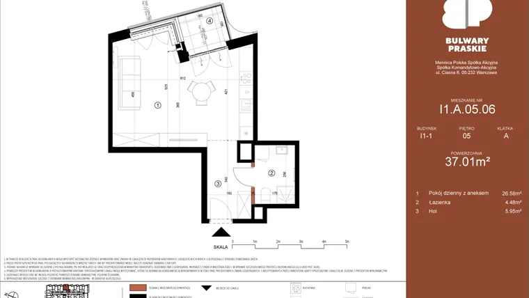 Rzut - Mieszkanie na sprzedaż 1 pokój o powierzchni 37,01 m² - numer I1.A.05.06 w Bulwary Praskie etap I i J