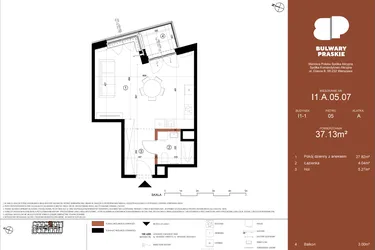 Rzut - Mieszkanie na sprzedaż 1 pokój o powierzchni 37,13 m² - numer I1.A.05.07 w Bulwary Praskie etap I i J