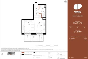 Rzut - Mieszkanie na sprzedaż 1 pokój o powierzchni 31,31 m² - numer I1.A.05.13 w Bulwary Praskie etap I i J