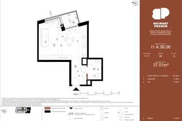 Rzut - Mieszkanie na sprzedaż 1 pokój o powierzchni 37,01 m² - numer I1.A.06.06 w Bulwary Praskie etap I i J