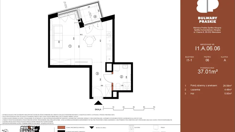 Rzut - Mieszkanie na sprzedaż 1 pokój o powierzchni 37,01 m² - numer I1.A.06.06 w Bulwary Praskie etap I i J