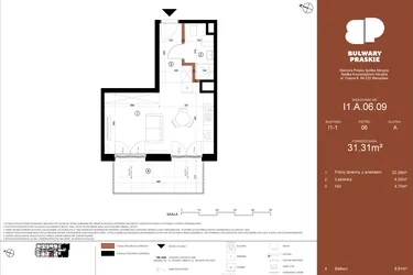 Rzut - Mieszkanie na sprzedaż 1 pokój o powierzchni 31,31 m² - numer I1.A.06.09 w Bulwary Praskie etap I i J