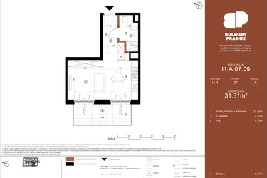 Rzut - Mieszkanie na sprzedaż 1 pokój o powierzchni 31,31 m² - numer I1.A.07.09 w Bulwary Praskie etap I i J
