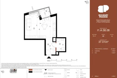 Rzut - Mieszkanie na sprzedaż 1 pokój o powierzchni 37,01 m² - numer I1.A.08.06 w Bulwary Praskie etap I i J