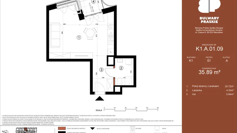 Rzut - Mieszkanie na sprzedaż 1 pokój o powierzchni 35,89 m² - numer K1.A.01.09 w Bulwary Praskie etap K i L