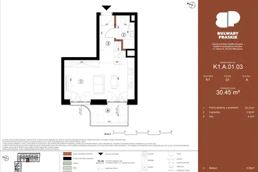Rzut - Mieszkanie na sprzedaż 1 pokój o powierzchni 30,46 m² - numer K1.A.01.03 w Bulwary Praskie etap K i L