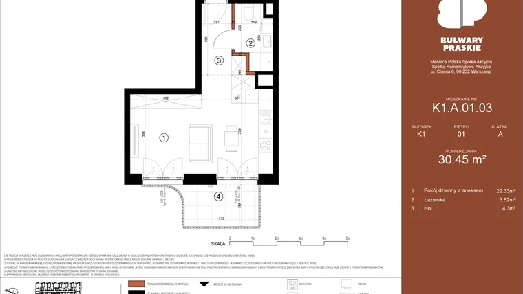 Rzut - Mieszkanie na sprzedaż 1 pokój o powierzchni 30,46 m² - numer K1.A.01.03 w Bulwary Praskie etap K i L