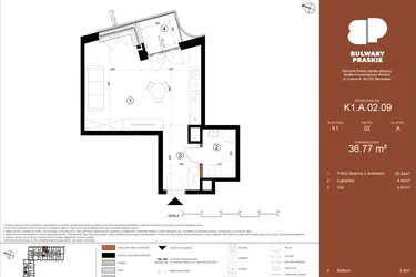 Rzut - Mieszkanie na sprzedaż 1 pokój o powierzchni 36,78 m² - numer K1.A.02.09 w Bulwary Praskie etap K i L