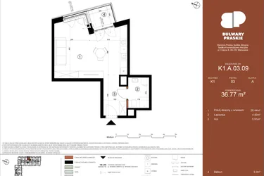 Rzut - Mieszkanie na sprzedaż 1 pokój o powierzchni 36,78 m² - numer K1.A.03.09 w Bulwary Praskie etap K i L