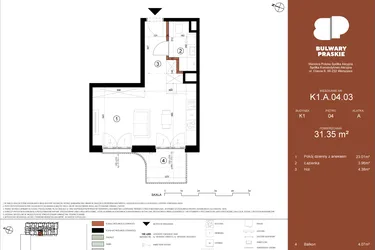 Rzut - Mieszkanie na sprzedaż 1 pokój o powierzchni 31,35 m² - numer K1.A.04.03 w Bulwary Praskie etap K i L
