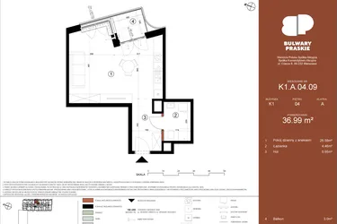 Rzut - Mieszkanie na sprzedaż 1 pokój o powierzchni 37 m² - numer K1.A.04.09 w Bulwary Praskie etap K i L
