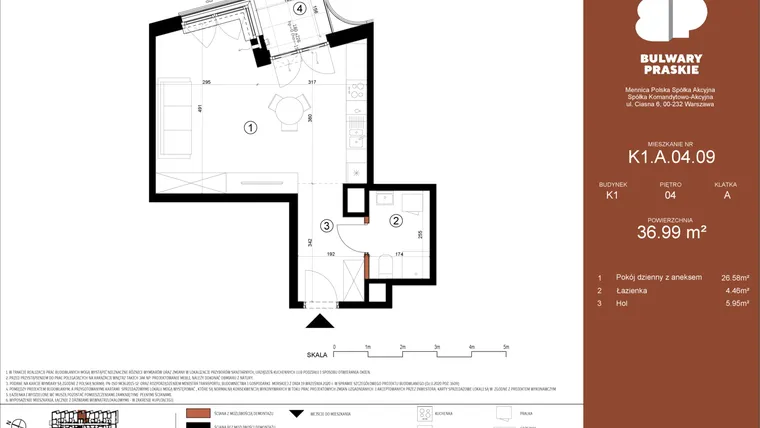 Rzut - Mieszkanie na sprzedaż 1 pokój o powierzchni 37 m² - numer K1.A.04.09 w Bulwary Praskie etap K i L