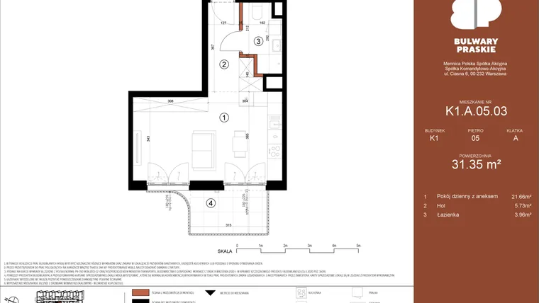 Rzut - Mieszkanie na sprzedaż 1 pokój o powierzchni 31,35 m² - numer K1.A.05.03 w Bulwary Praskie etap K i L