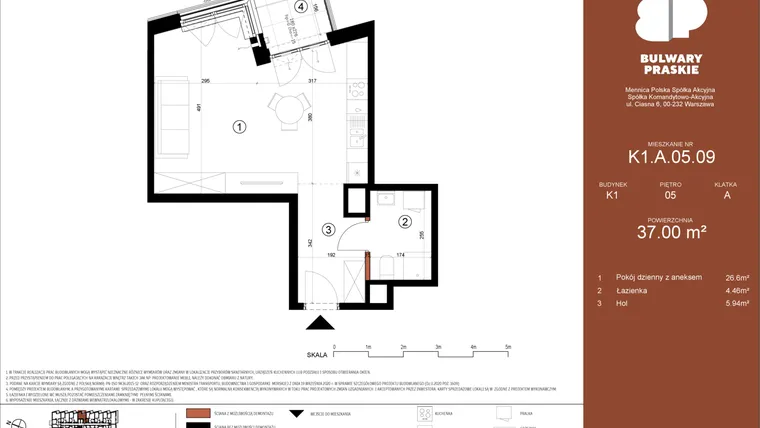 Rzut - Mieszkanie na sprzedaż 1 pokój o powierzchni 37 m² - numer K1.A.05.09 w Bulwary Praskie etap K i L