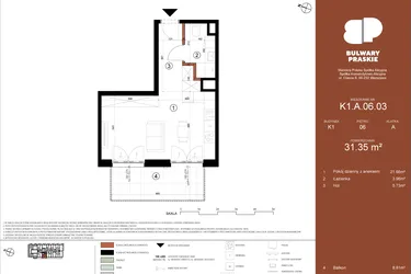 Rzut - Mieszkanie na sprzedaż 1 pokój o powierzchni 31,35 m² - numer K1.A.06.03 w Bulwary Praskie etap K i L