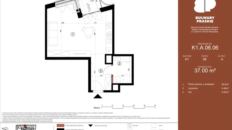 Rzut - Mieszkanie na sprzedaż 1 pokój o powierzchni 37 m² - numer K1.A.06.06 w Bulwary Praskie etap K i L
