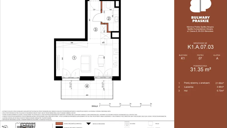 Rzut - Mieszkanie na sprzedaż 1 pokój o powierzchni 31,35 m² - numer K1.A.07.03 w Bulwary Praskie etap K i L