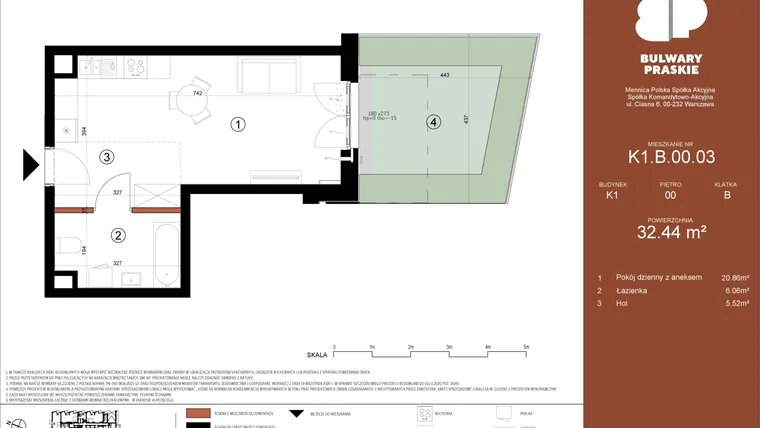 Rzut - Mieszkanie na sprzedaż 1 pokój o powierzchni 32,44 m² - numer K1.B.00.03 w Bulwary Praskie etap K i L