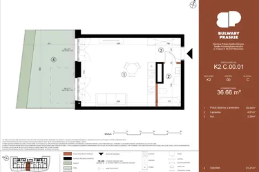 Rzut - Mieszkanie na sprzedaż 1 pokój o powierzchni 36,66 m² - numer K2.C.00.01 w Bulwary Praskie etap K i L