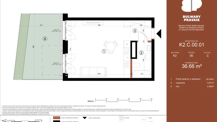 Rzut - Mieszkanie na sprzedaż 1 pokój o powierzchni 36,66 m² - numer K2.C.00.01 w Bulwary Praskie etap K i L