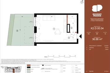 Rzut - Mieszkanie na sprzedaż 1 pokój o powierzchni 36,66 m² - numer K2.D.00.04 w Bulwary Praskie etap K i L
