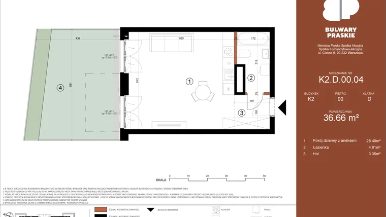 Rzut - Mieszkanie na sprzedaż 1 pokój o powierzchni 36,66 m² - numer K2.D.00.04 w Bulwary Praskie etap K i L