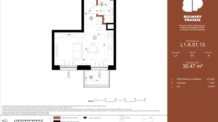 Rzut - Mieszkanie na sprzedaż 1 pokój o powierzchni 30,47 m² - numer L1.A.01.13 w Bulwary Praskie etap K i L