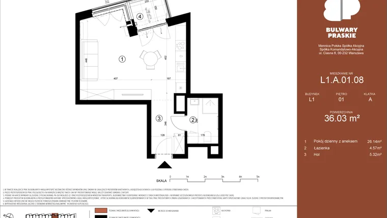 Rzut - Mieszkanie na sprzedaż 1 pokój o powierzchni 35,9 m² - numer L1.A.01.08 w Bulwary Praskie etap K i L