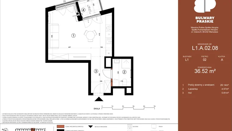 Rzut - Mieszkanie na sprzedaż 1 pokój o powierzchni 36,52 m² - numer L1.A.02.08 w Bulwary Praskie etap K i L