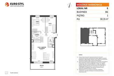 Rzut - Mieszkanie na sprzedaż 2 pokoje o powierzchni 68,47 m² - numer B6 6 w Wzgórze Markowca