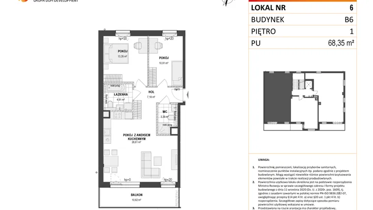 Rzut - Mieszkanie na sprzedaż 2 pokoje o powierzchni 68,47 m² - numer B6 6 w Wzgórze Markowca