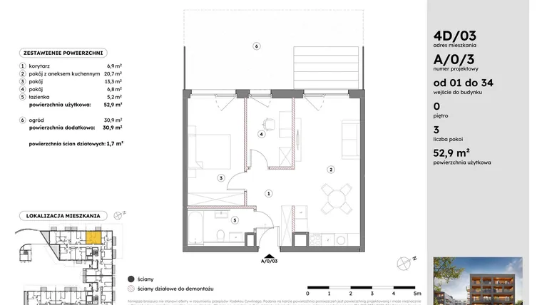 Rzut - Mieszkanie na sprzedaż 3 pokoje o powierzchni 52,88 m² - numer A/0/3 w Osiedle Mateckiego 4ALL