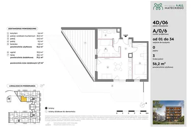 Rzut - Mieszkanie na sprzedaż 3 pokoje o powierzchni 56,27 m² - numer A/0/6 w Osiedle Mateckiego 4ALL